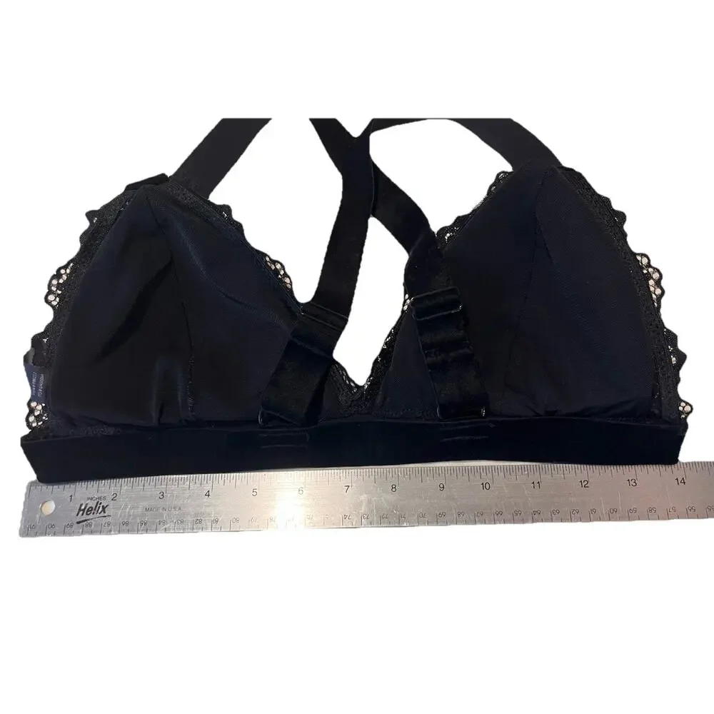 Rene Rofe Black Lace Bralette L Wireless‎ Padded Cross Back Velvet Straps - Picture 9 of 11